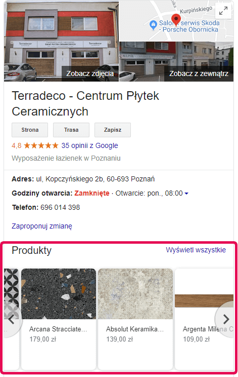 Przykład produktów wyświetlanych na wizytówce firmy w Google