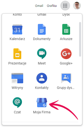 Menu usług Google > Moja firma