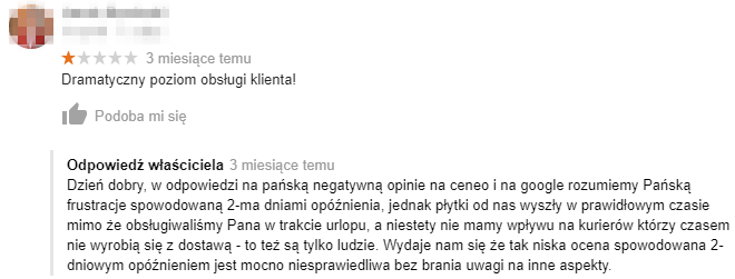 Przykładowa negatywna opinia dodana na wizytówce firmy w Google