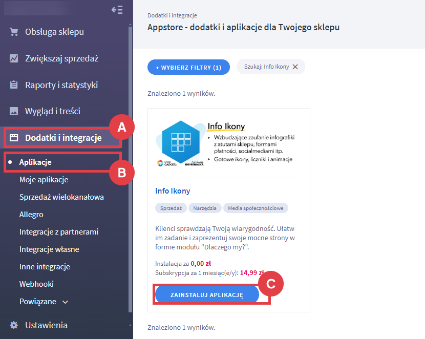 Panel administracyjny sklepu > Dodatki i integracje > Aplikacje > Info Ikony