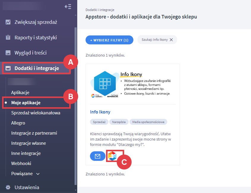Panel administracyjny sklepu > Dodatki i integracje > Moje aplikacje > Info Ikony