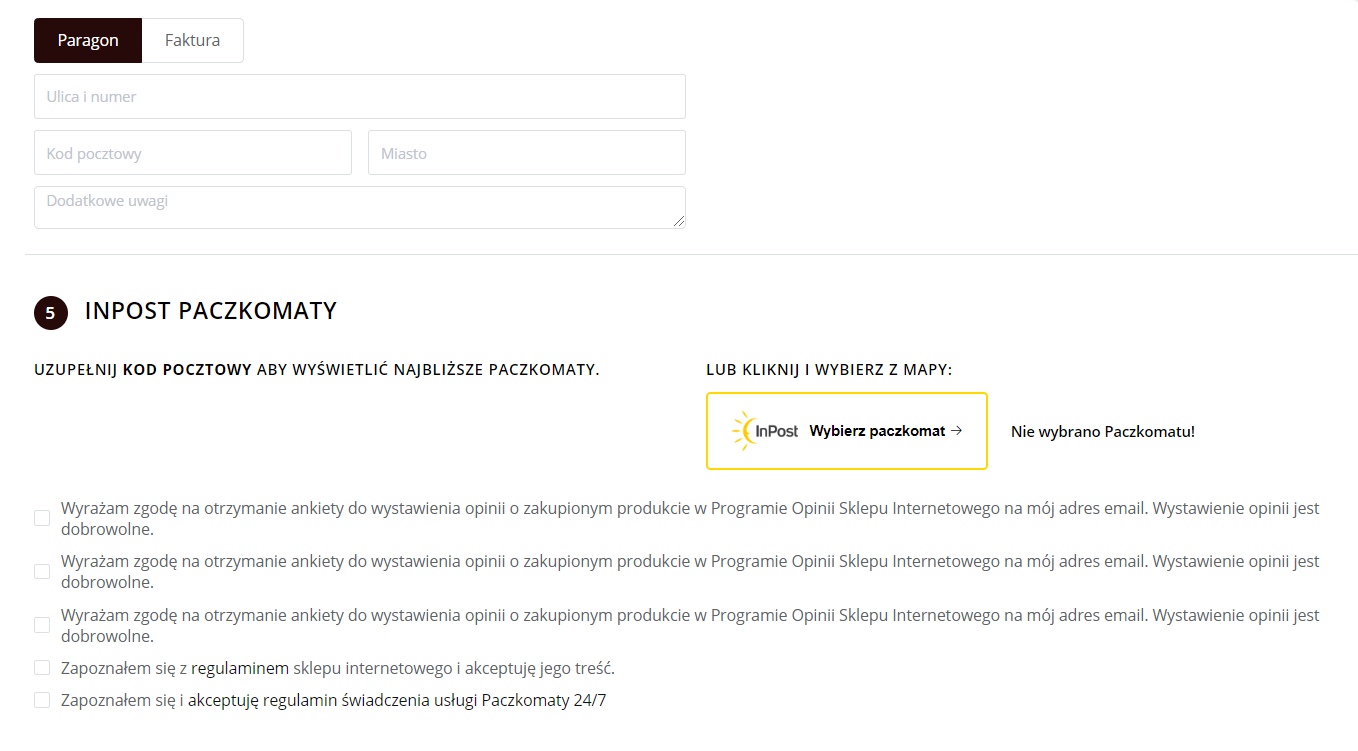 Wybierz rodzaj dokumentu sprzedaży - paragon czy faktura Strona sklepu Shoper > Koszyk > Dane, dokument sprzedaży i InPost Paczkomaty