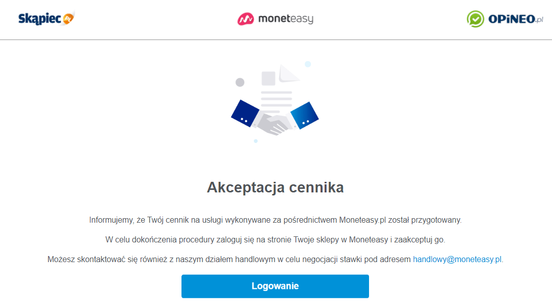 Wiadomość e-mail informująca o akceptacji cennika Wiadomość e-mail informująca o akceptacji cennika