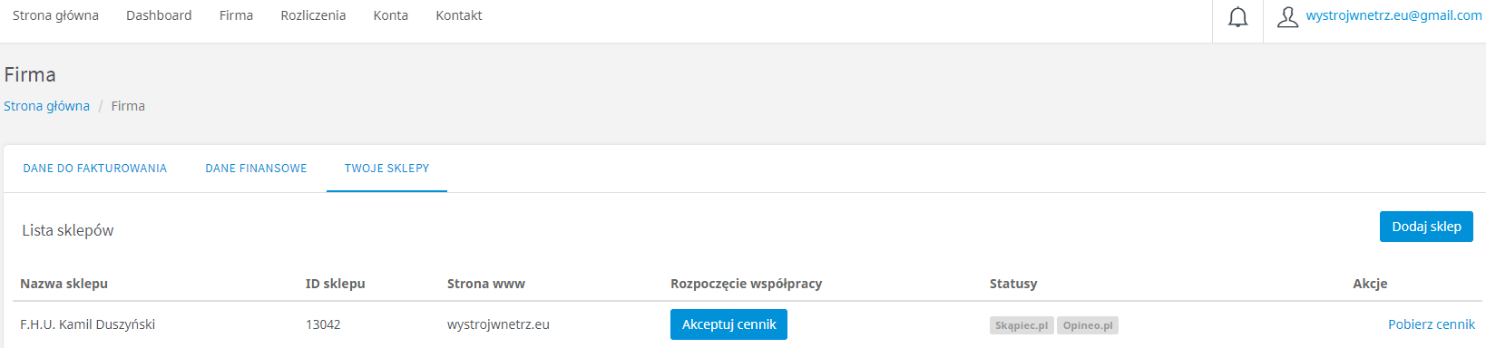 Sprawdź cennik i zaakceptuj go w zakładce Firma > Twoje sklepy Sprawdź cennik i zaakceptuj go w zakładce Firma > Twoje sklepy