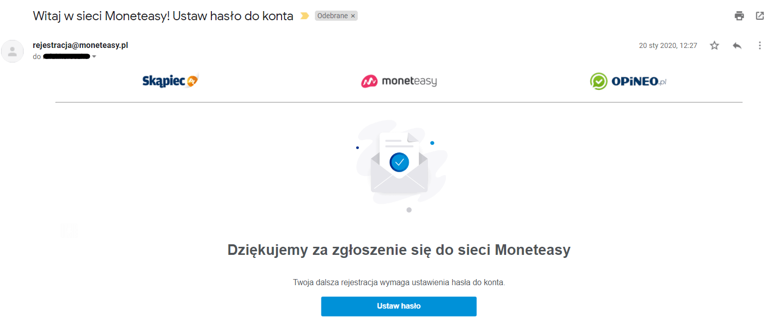Wiadomość e-mail umożliwiająca ustawienie hasła do zarejestrowanego konta na Skąpiec Wiadomość e-mail umożliwiająca ustawienie hasła do zarejestrowanego konta na Skąpiec