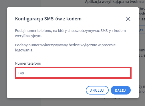 Wpisz numer telefonu, który będzie wykorzystywany w procesie logowania Panel administracyjny sklepu > Moje konto > Bezpieczne logowanie > SMS z kodem > Numer telefonu