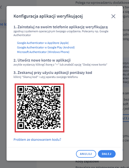 Zeskanuj kod QR przy użyciu aplikacji w telefonie Panel administracyjny sklepu > Moje konto > Bezpieczne logowanie > Aplikacja weryfikująca > Kod QR