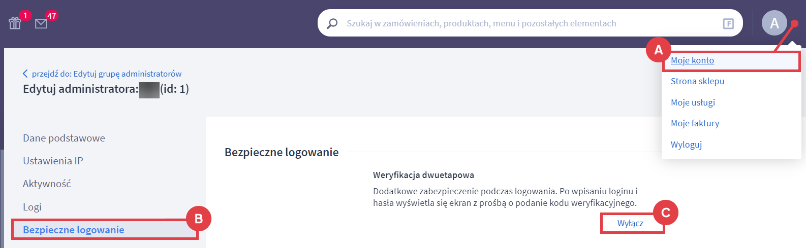 Wyłącz weryfikację dwuetapową w Panelu administracyjnym sklepu Shoper Panel administracyjny sklepu > Moje konto > Bezpieczne logowanie > Weryfikacja dwuetapowa