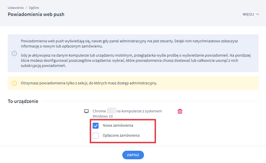 Panel administracyjny sklepu > Ustawienia > Ogólne > Powiadomienia web push > Urządzenie