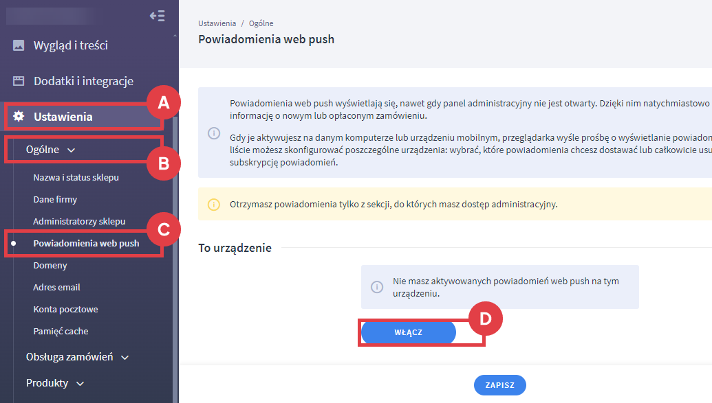 Panel administracyjny sklepu > Ustawienia > Ogólne > Powiadomienia web push