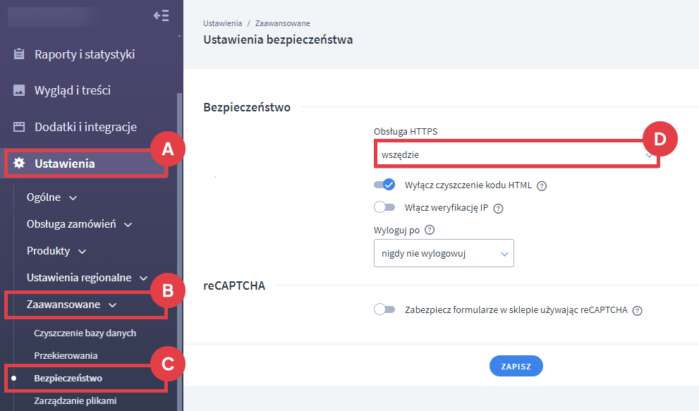 Panel administracyjny sklepu > Ustawienia > Zaawansowane > Bezpieczeństwo > Obsługa HTTPS