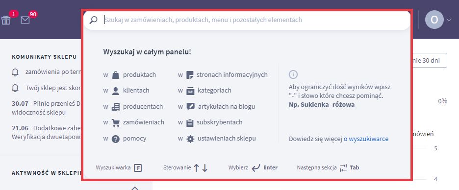 Panel administracyjny sklepu > Pulpit > Wyszukiwarka > Skróty klawiszowe