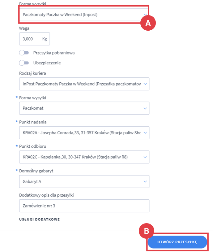 Upewnij się, czy forma wysyłki się zgadza w danym zamówieniu Panel administracyjny sklepu > Obsługa sklepu > Zamówienia > Akcje > Przesyłka > Formularz