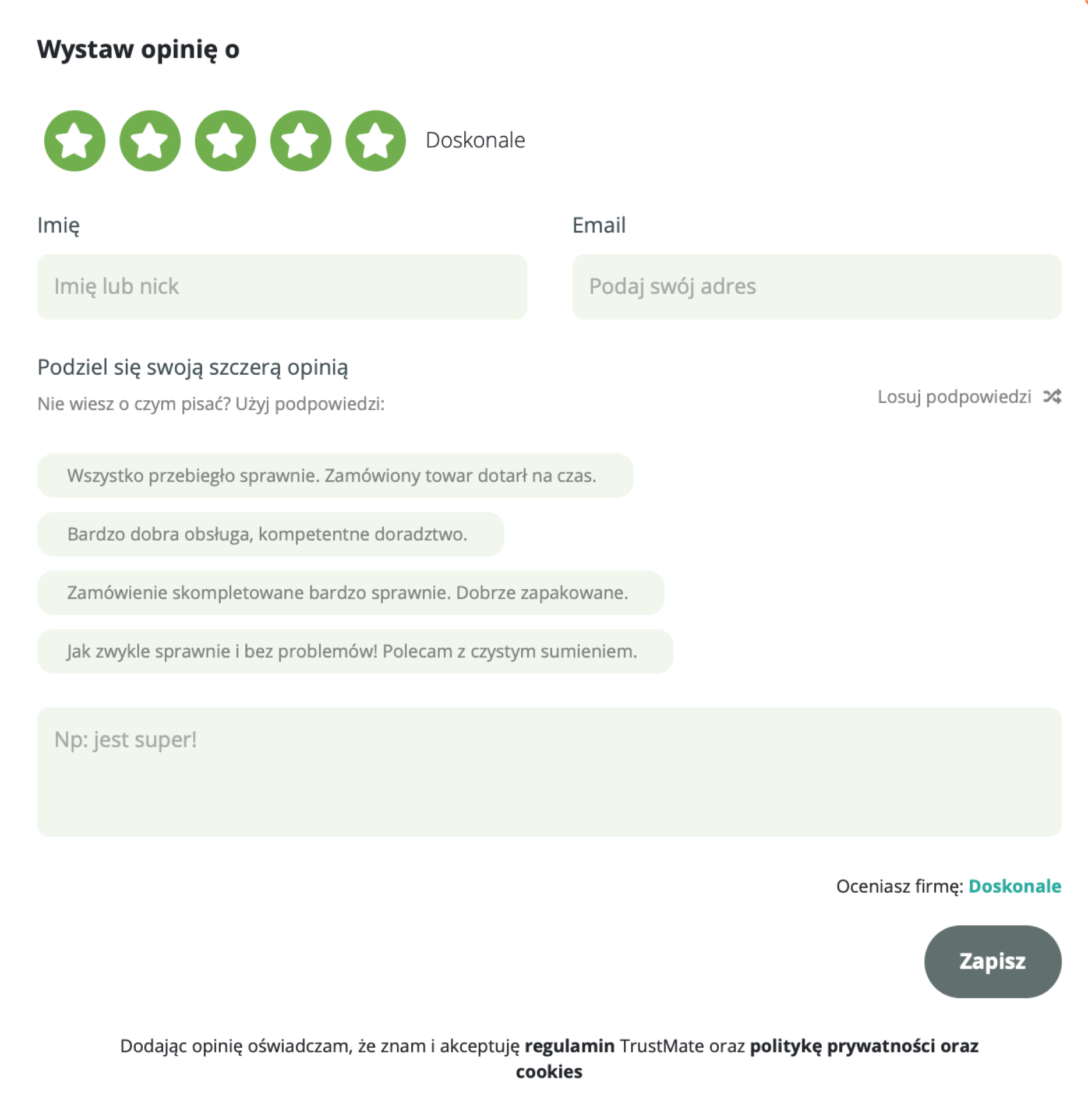 Przykład formularza do wystawiania opinii TrustMate