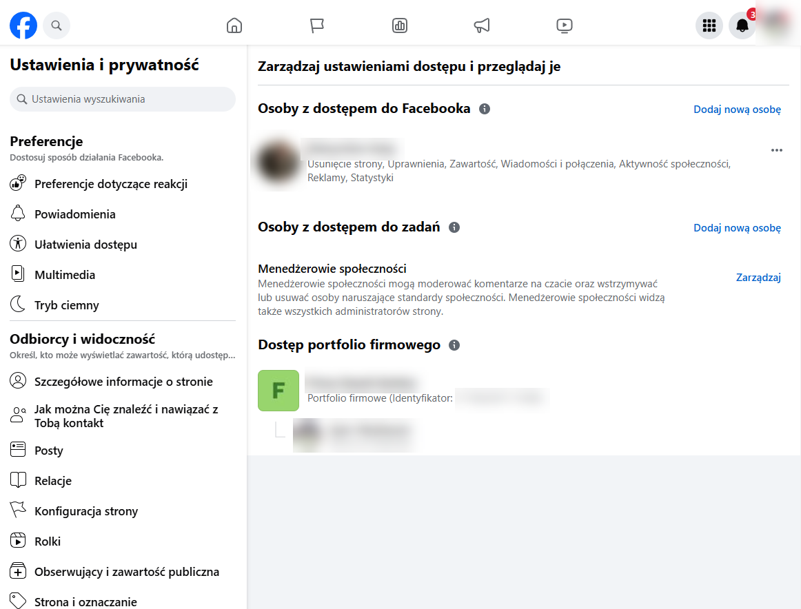 Facebook > Ustawienia i prywatność > Admnistratorzy strony