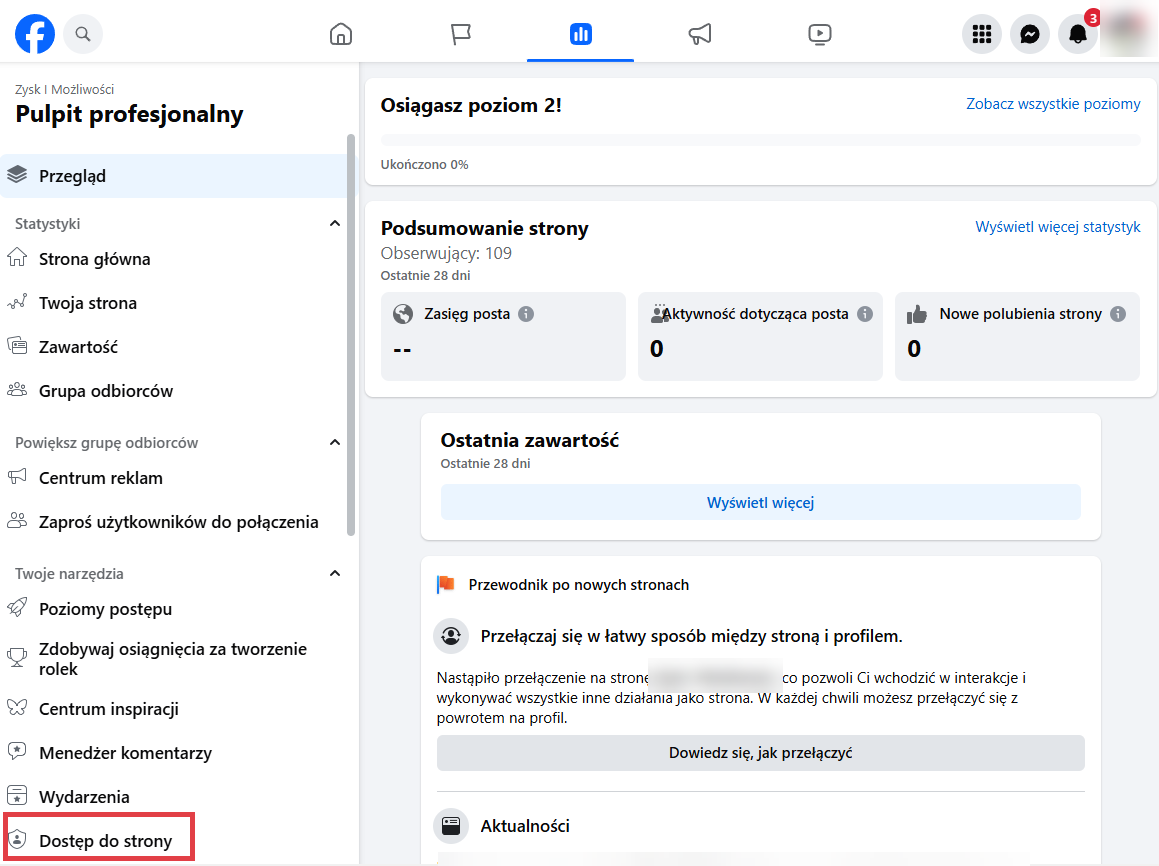 Facebook Pulpit profesjonalny > Dostęp do strony