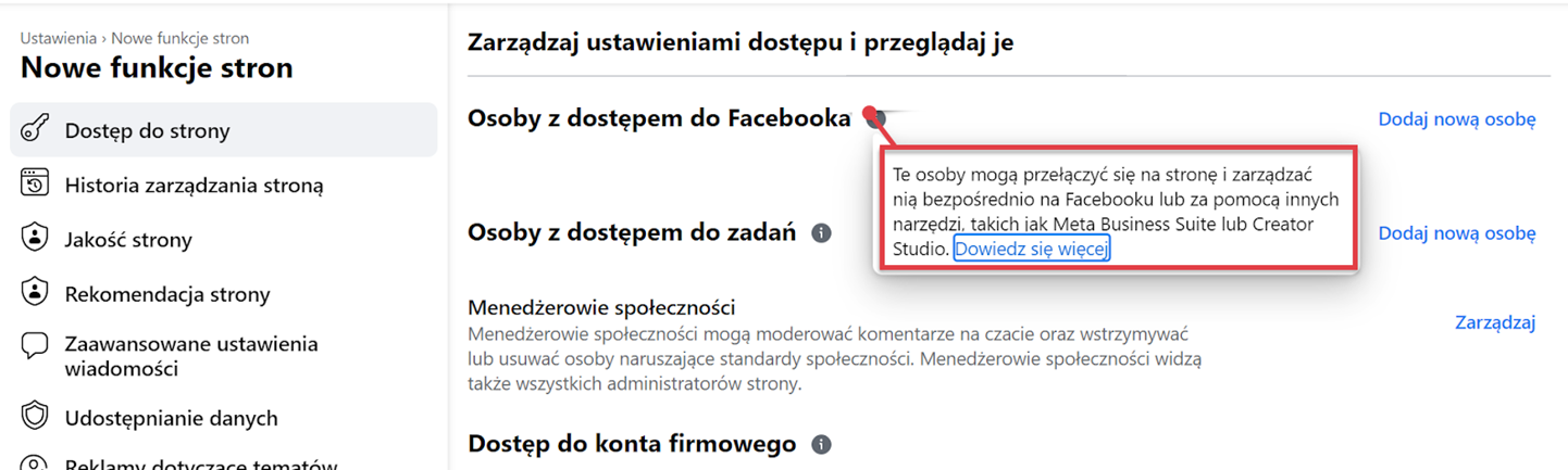 Fanpage > Zarządzanie stroną > Ustawienia > Nowe funkcje stron > Dostęp do strony
