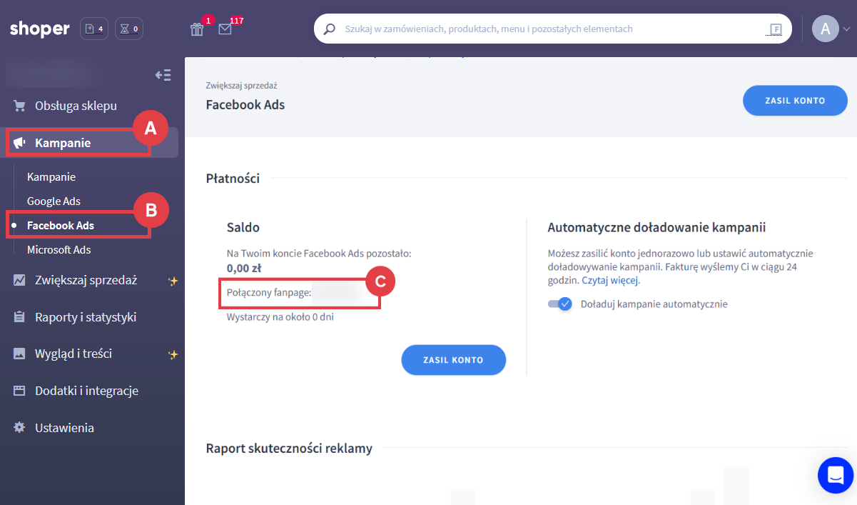 Panel administracyjny sklepu > Kampanie > Facebook Ads > Połączone z kontem
