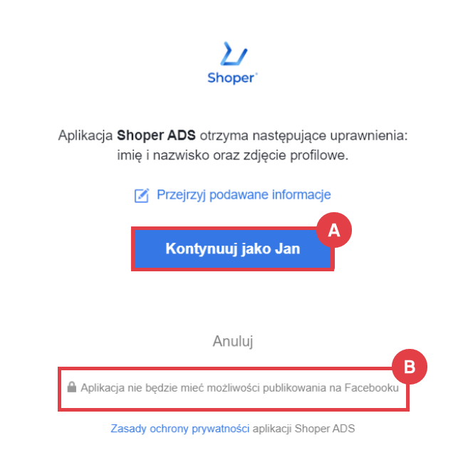 Panel administracyjny sklepu > Zwiększaj sprzedaż > Facebook Ads > Połącz > Kontynuuj jako