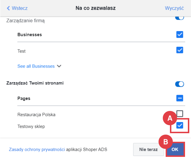 Panel administracyjny sklepu > Zwiększaj sprzedaż > Facebook Ads > Połącz > Zezwolenia > Potwierdzenie