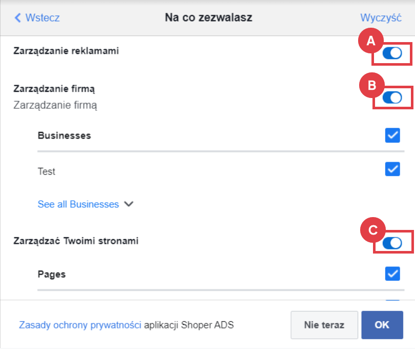 Panel administracyjny sklepu > Zwiększaj sprzedaż > Facebook Ads > Połącz > Zezwolenia > Lista