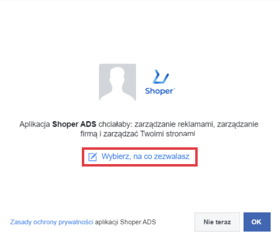 Panel administracyjny sklepu > Zwiększaj sprzedaż > Facebook Ads > Połącz > Zezwolenia