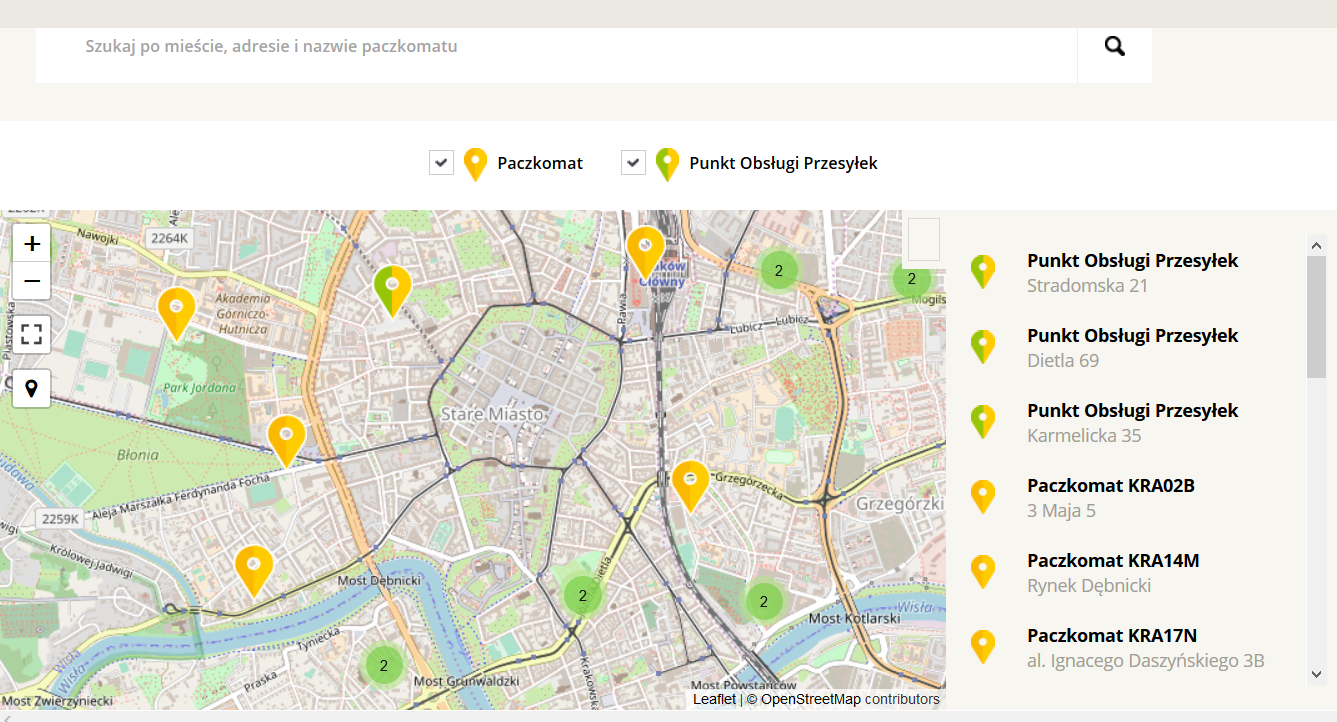 Wybierz paczkomat z widocznej mapy punktów Front sklepu internetowego > Koszyk > Wybór paczkomatu z mapy