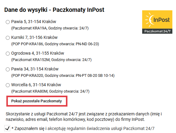 Wyświetl mapę paczkomatów podczas składania zamówienia Front sklepu internetowego > Koszyk > wybór paczkomatu
