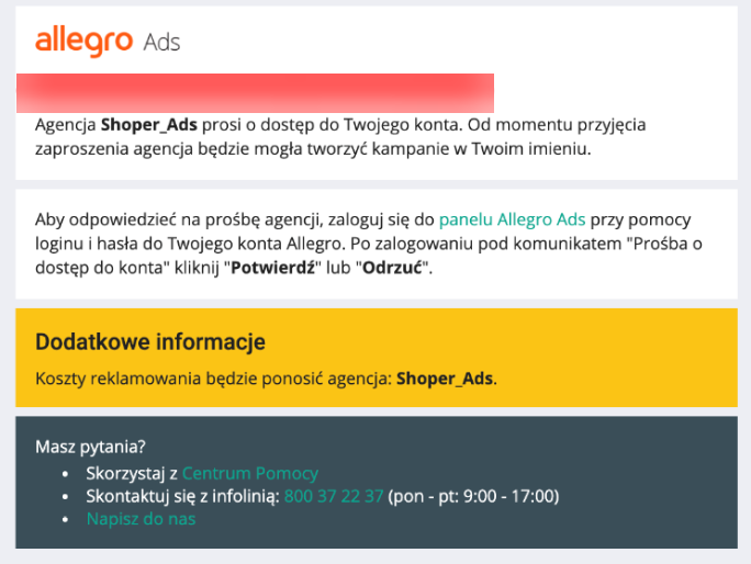 Wiadomość e-mail > Allegro Ads od Shoper