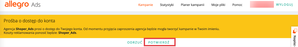 Allegro Ads > Prośba o dostęp do konta