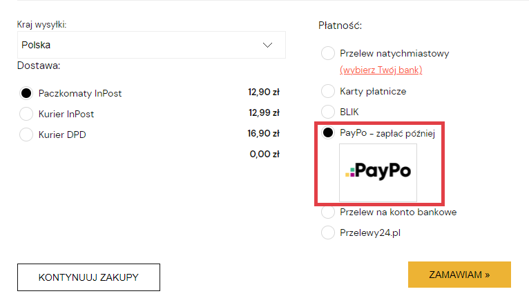 Koszyk zakupowy na etapie wyboru formy dostawy i formy płatności