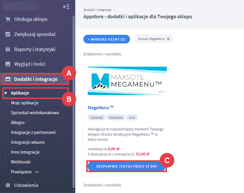 Panel administracyjny sklepu > Dodatki i integracje > Aplikacje > MegaMenu