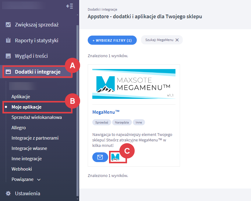 Panel administracyjny sklepu > Dodatki i integracje > Moje aplikacje > MegaMenu