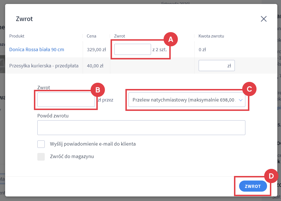 Panel administracyjny sklepu > Obsługa sklepu > Zamówienia > Edycja > Zarządzanie transakcjami > Zwrot > Formularz zwrotu