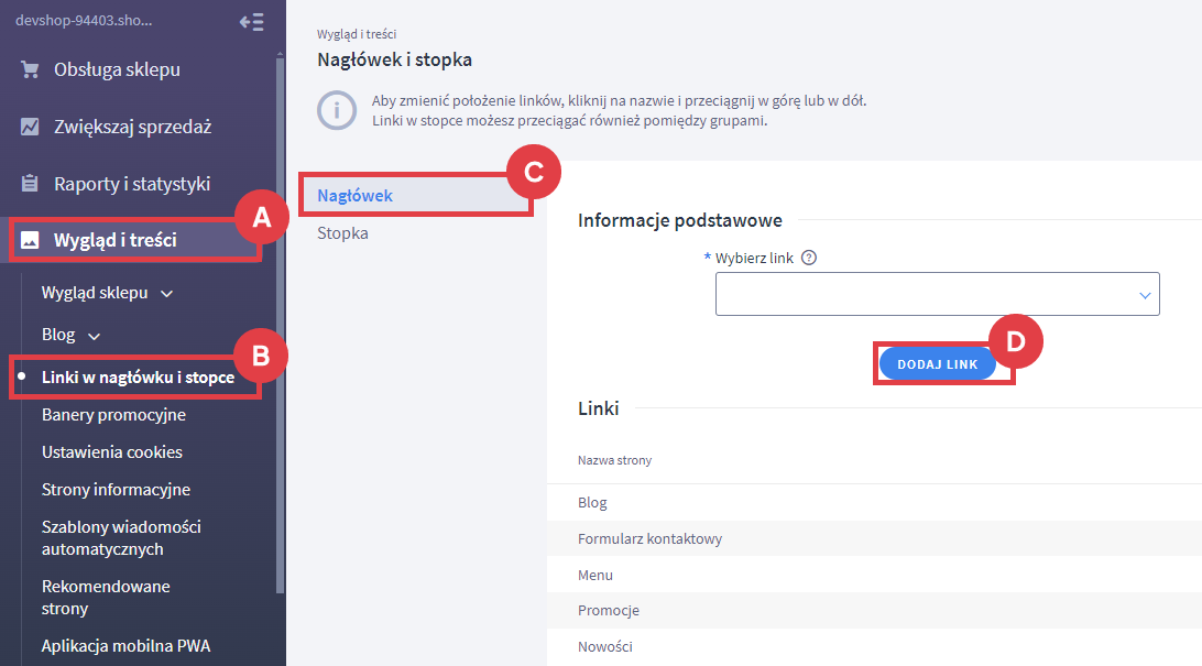 Panel administracyjny sklepu > Wygląd i treści > Linki w nagłówku i stopce > Nagłówek