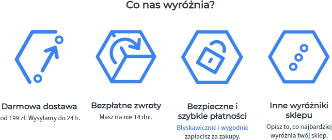 Przykład modułu z wyróżnikami marki (ikony) Elementy graficzne elementy wyróżniające sklep internetowy