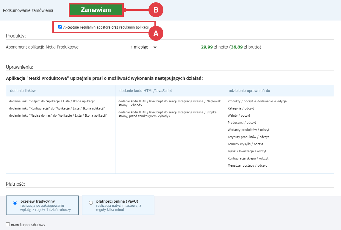 Panel administracyjny sklepu > Dodatki i integracje > Aplikacje > Metki Produktowe > Instalacja