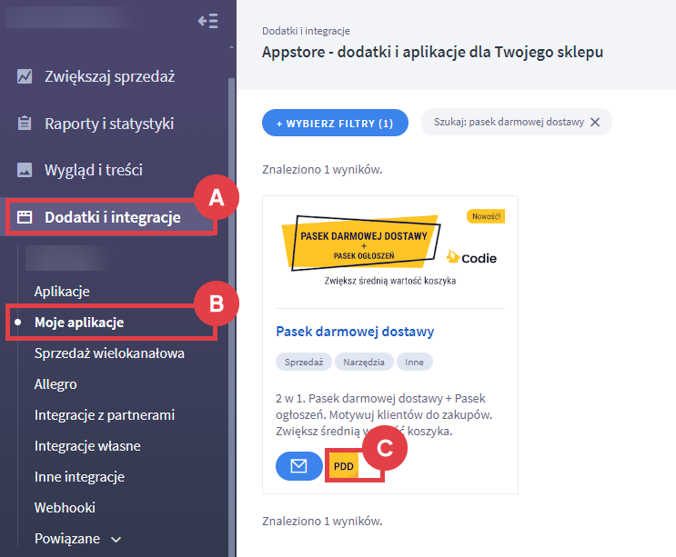 Przejdź do konfiguracji aplikacji Pasek darmowej dostawy Panel administracyjny sklepu > Dodatki i integracje > Moje aplikacje > Pasek darmowej dostawy