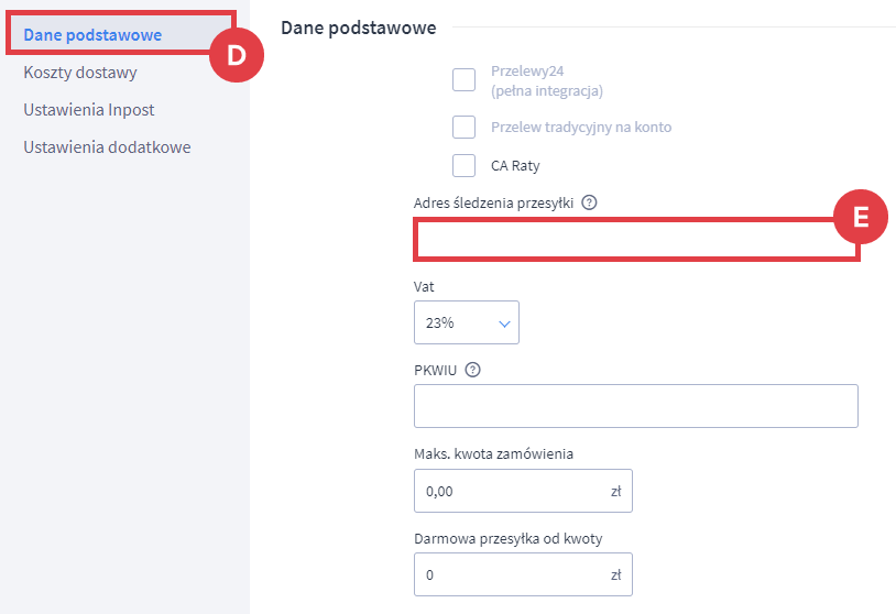 Dodaj link adresu śledzenia dla przesyłki Panel administracyjny > Ustawienia > Obsługa zamówień > Formy dostawy > Edycja dostawy > Adres śledzenia przesyłki