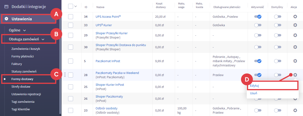 Przejdź do edycji metody dostawy Paczkomaty Paczka w Weekend Panel administracyjny sklepu > Ustawienia > Obsługa zamówień > Formy dostawy > Paczkomaty Paczka w Weekend
