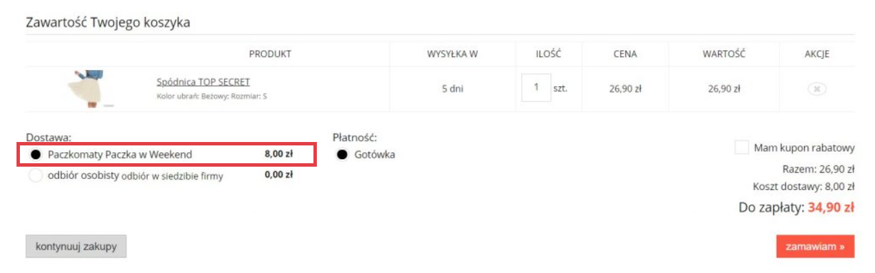 Klient wybiera opcję dostawy paczki do paczkomatu w weekend Strona sklepu internetowego Shoper > Zawartość koszyka > Dostawa > Paczkomaty Paczka w Weekend
