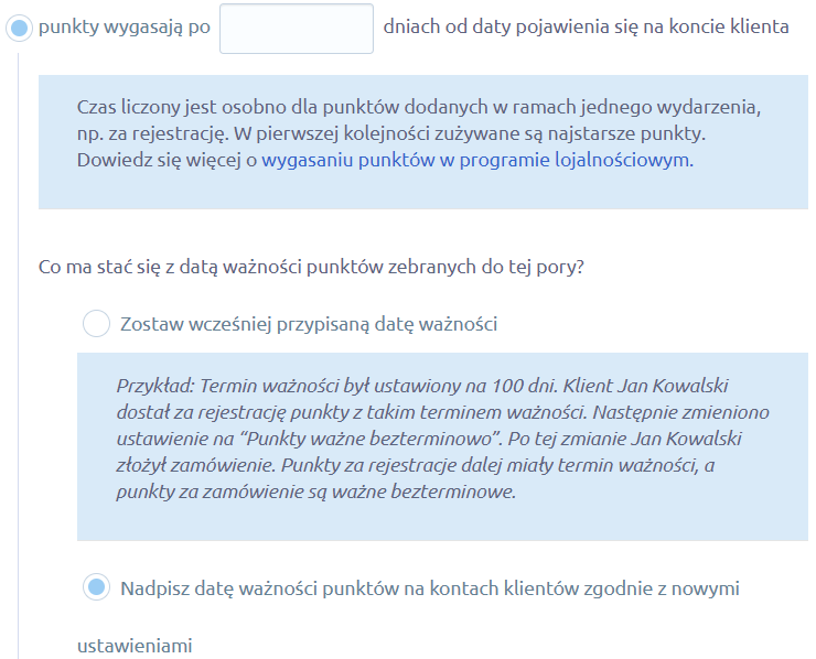 Ustawienia ważności zebranych punktów w programie lojalnościowym Ustawienia usuwania / wygaszania punktów w programie lojalnościowym