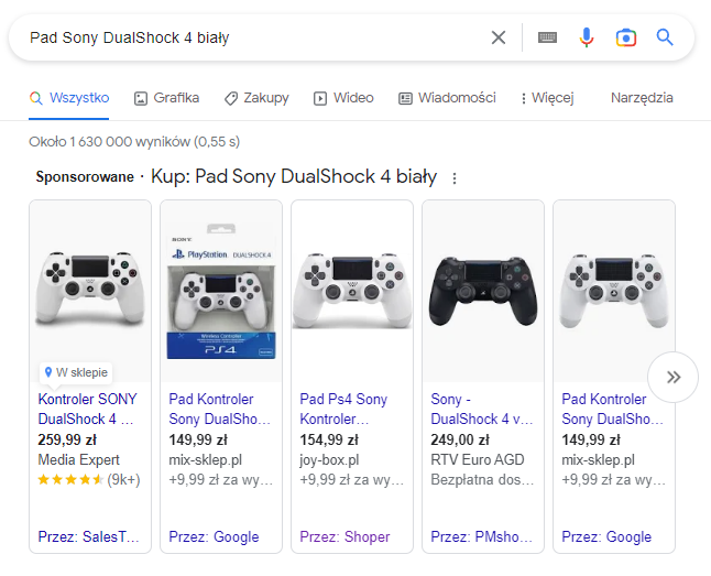 Przykłady reklam produktowych wyświetlanych w Google. Przykładowe reklamy produktowe w wyszukiwarce Google