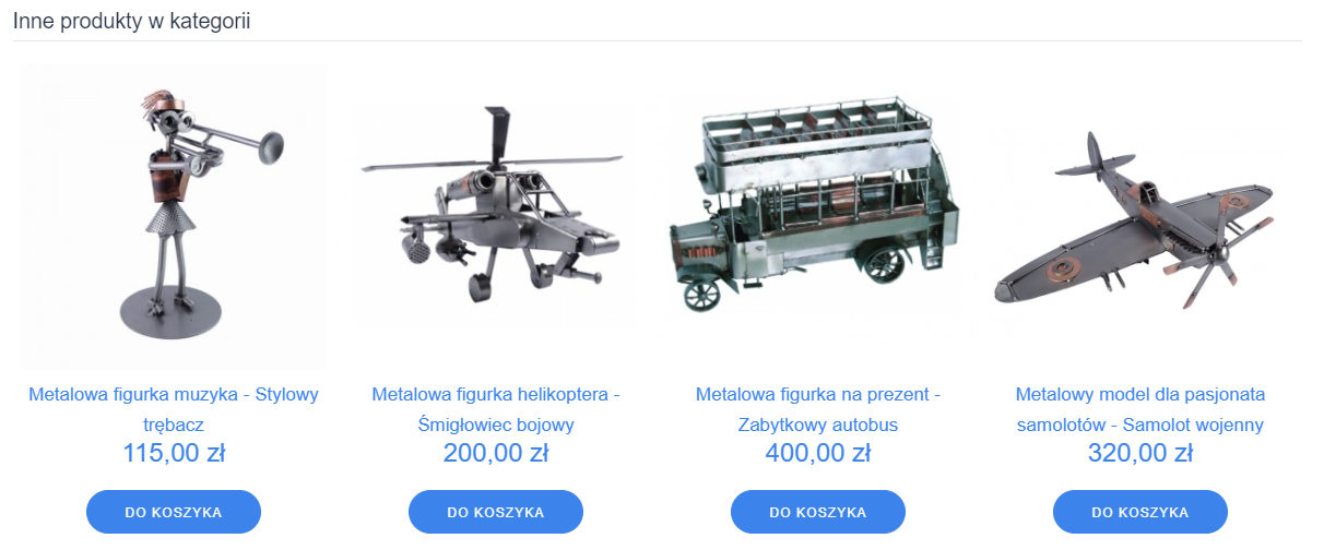 Przykład wyświetlania listy produktów dodatkowych w sklepie internetowym