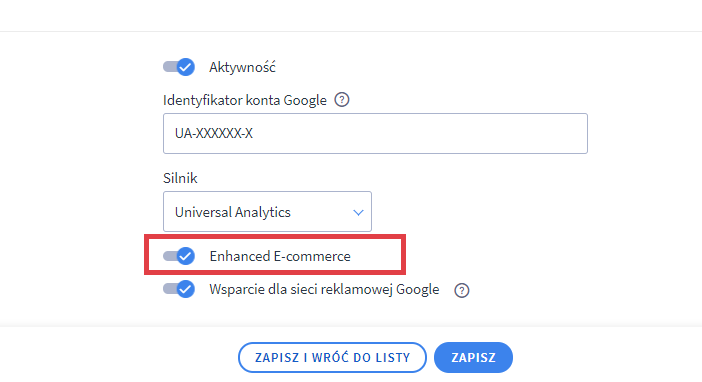 Ustawienia integracji Google Analytics w panelu sklepu Shoper Panel administracyjny sklepu > Integracja Google Analytics > Opcja Enhanced E-commerce