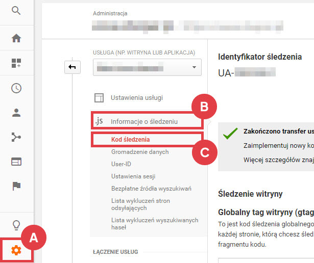 Kopiowanie identyfikatora śledzenia Google Analytics Google Analytics > Administracja > Informacje o śledzeniu > Kod śledzenia