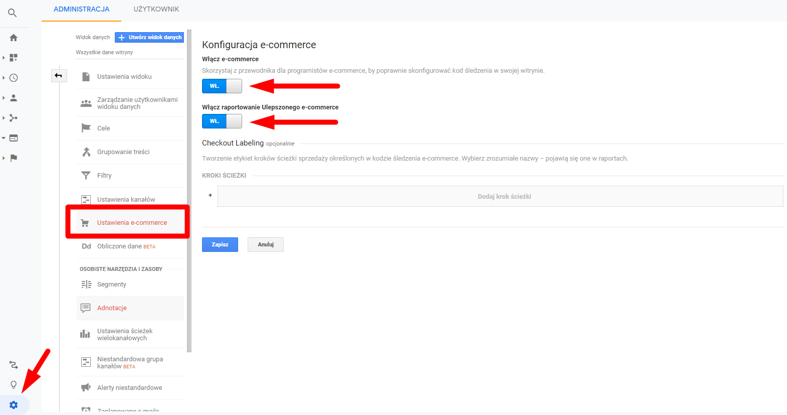 Google Analytics > Administracja > Widok danych > Ustawienia e-commerce Ustawienia e-commerce w Google Analytics
