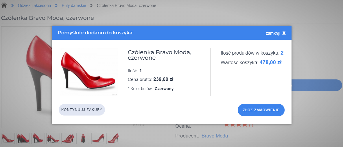 Przykład powiadomienia o dodaniu produktu do koszyka (okno pop-up) Przykład powiadomienia o dodaniu produktu do koszyka (okno pop-up)