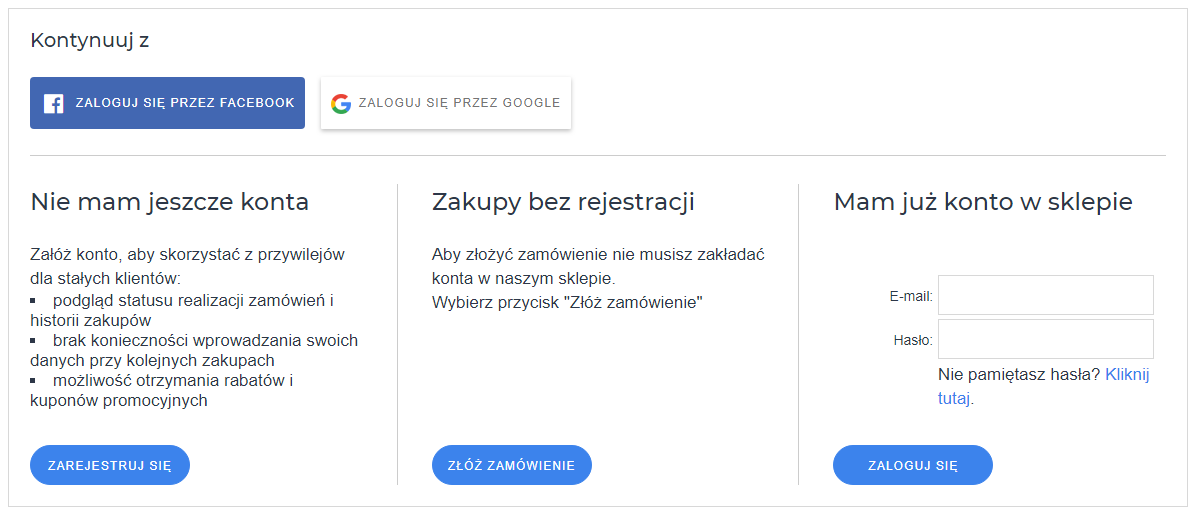 Rejestracja przez social-media lub zakupy bez rejestracji w sklepie Shoper Rejestracja przez social-media lub zakupy bez rejestracji w sklepie Shoper