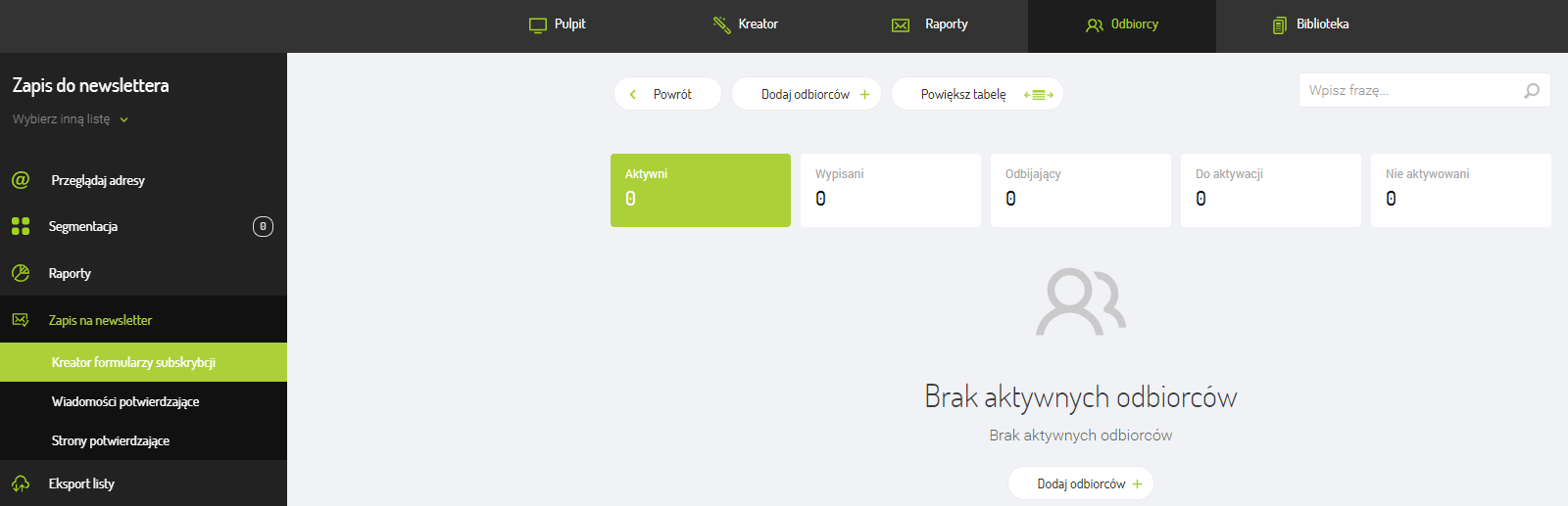Wybierz: Zapis na newsletter i kliknij opcję: Kreator formularzy subskrypcji Wybierz: Zapis na newsletter i kliknij opcję: Kreator formularzy subskrypcji